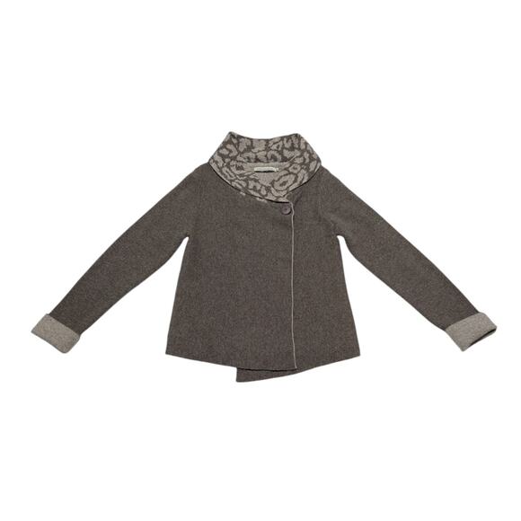 Chiaramente Italian Wool Asymmetrical Cardigan Sweater Brown Leopard Print Top - Picture 1 of 5